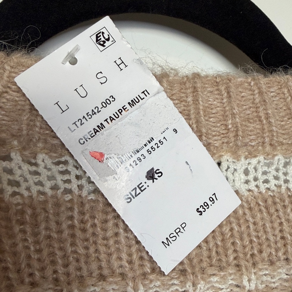 NWT Lush Tan Striped Crochet Knit Crew Neck Fuzzy Sweater - Cream Taupe Multi - Picture 6 of 6